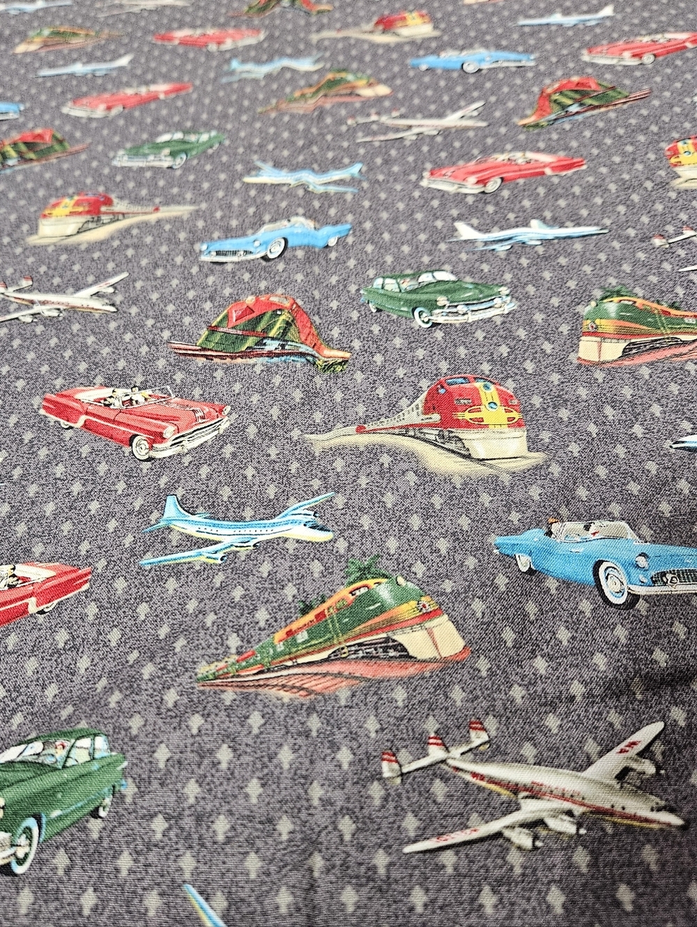 New Vintage Look Cotton Fabric - Cars, Trains & Planes on Gray